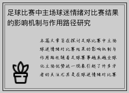 足球比赛中主场球迷情绪对比赛结果的影响机制与作用路径研究