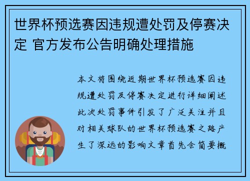 世界杯预选赛因违规遭处罚及停赛决定 官方发布公告明确处理措施